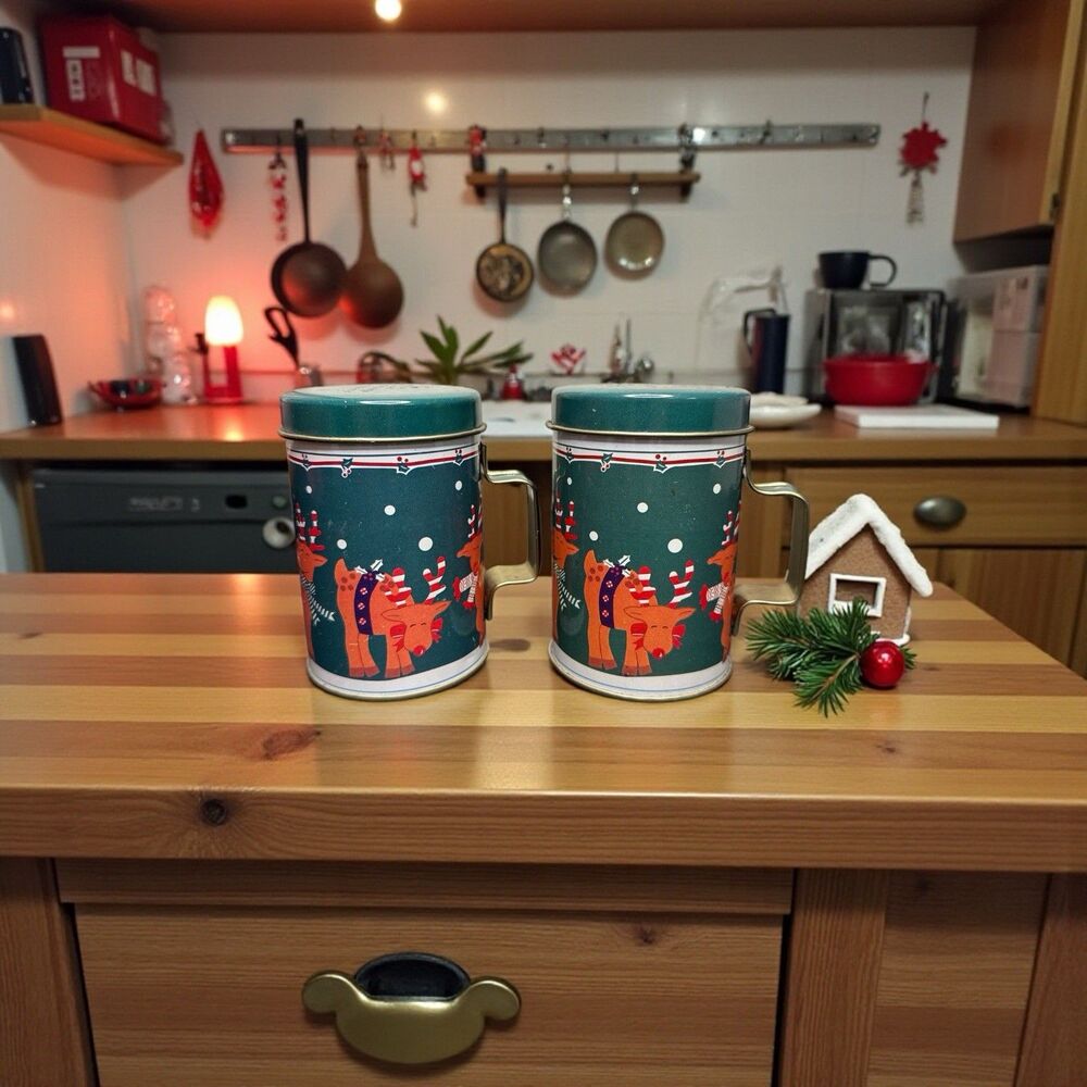 Christmas Reindeer Tin Salt & Pepper Shakers, Bright and Festive!